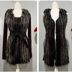 NEW Boston Proper Faux Fur Longline V-neck Ribbed Chunky Sweater Vest Jacket XS